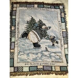 Heidi Saterberg USA Snowman & Bear Skating Woven Tapestry Throw Blanket 48"x55"
